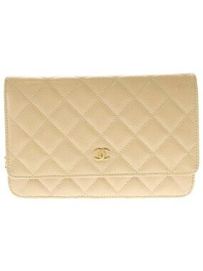 Chanel Quilted CC Logo Caviar Leather Gold Chain Wallet Shoulder Bag Plate Beige